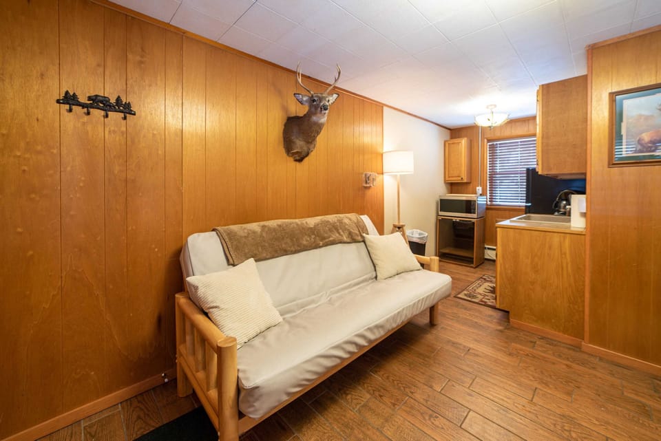 Comfortable futon, log wood dining table, northern michigan themed decor.