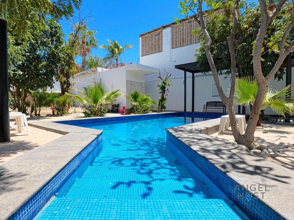 Tropical surroundings create a laid-back poolside vibe.