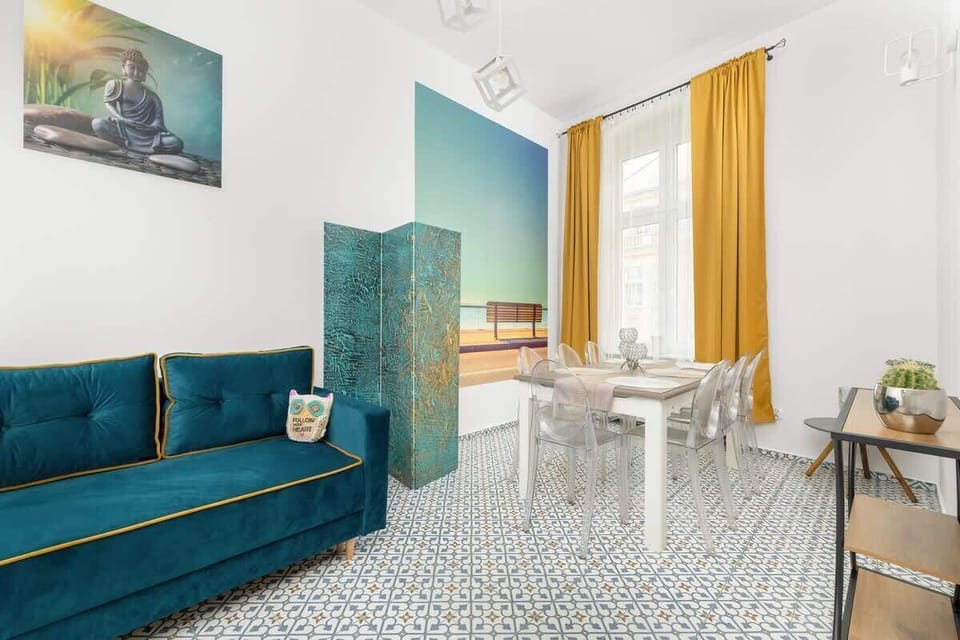 Living room with kitchenette.