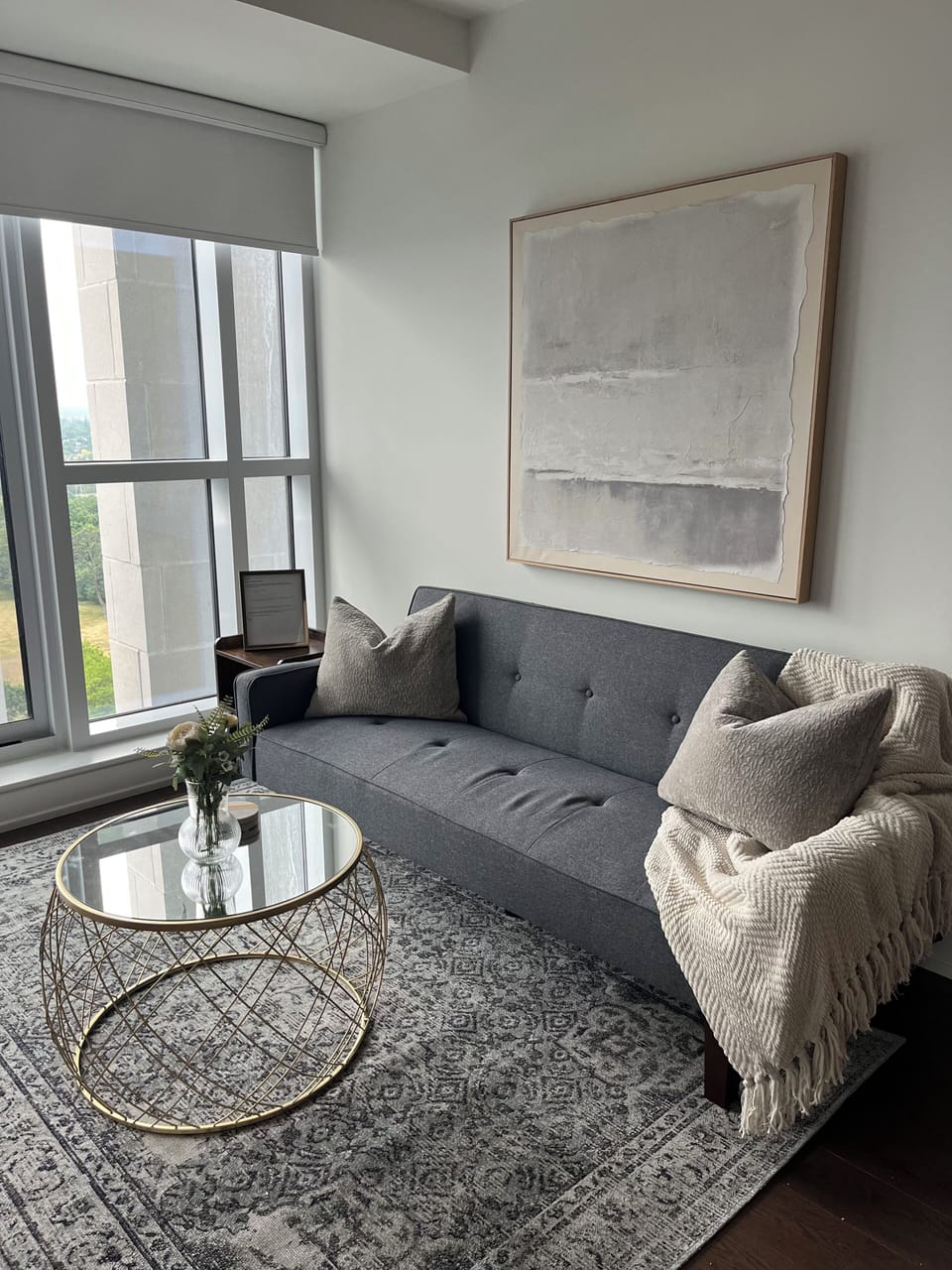 living space with fold out couch