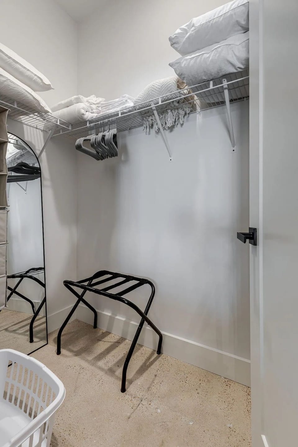 Bedroom Closet - Hangers, Luggage Rack, Hamper, Full Length Mirror, Extra Linens