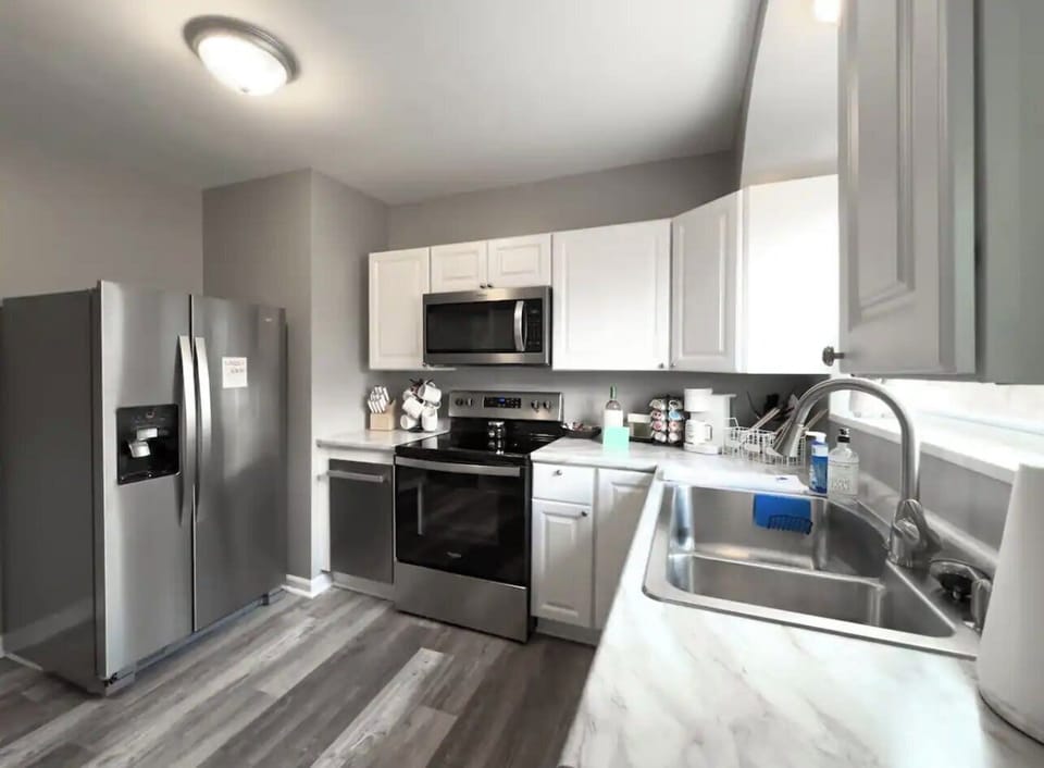 Our kitchen has marble countertops that are easy to clean.