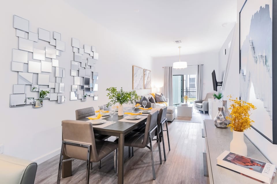 Dining room bathed in natural light.