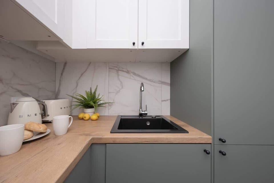 The kitchenette's practical layout maximizes space and functionality.