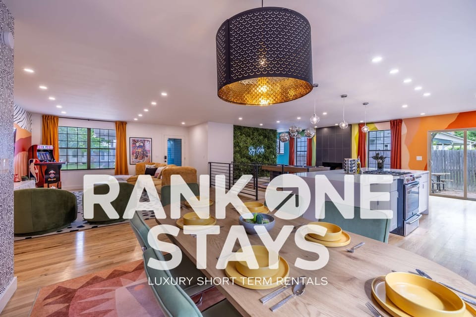 Rank One Stays invites you to a playful escape adorned with disco balls and lively décor.  Embrace the vibrant West at 'Stay Golden'—a whimsical 5-bedroom, 3-bath retreat in Westminster's heart.  Perfect for memorable gatherings, discover a space whe