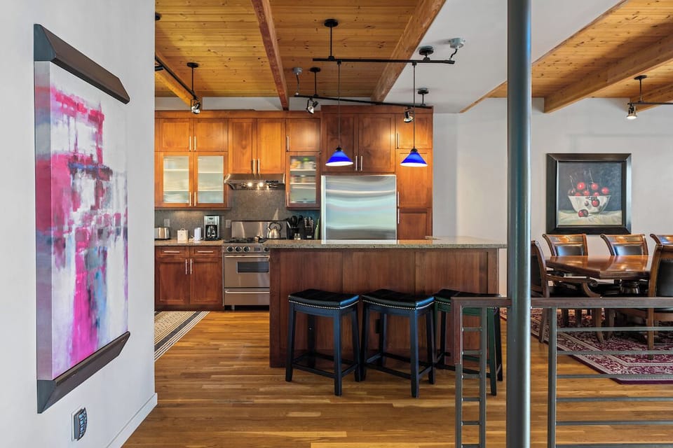 Wood floors, hallway, kitchen, counterspace