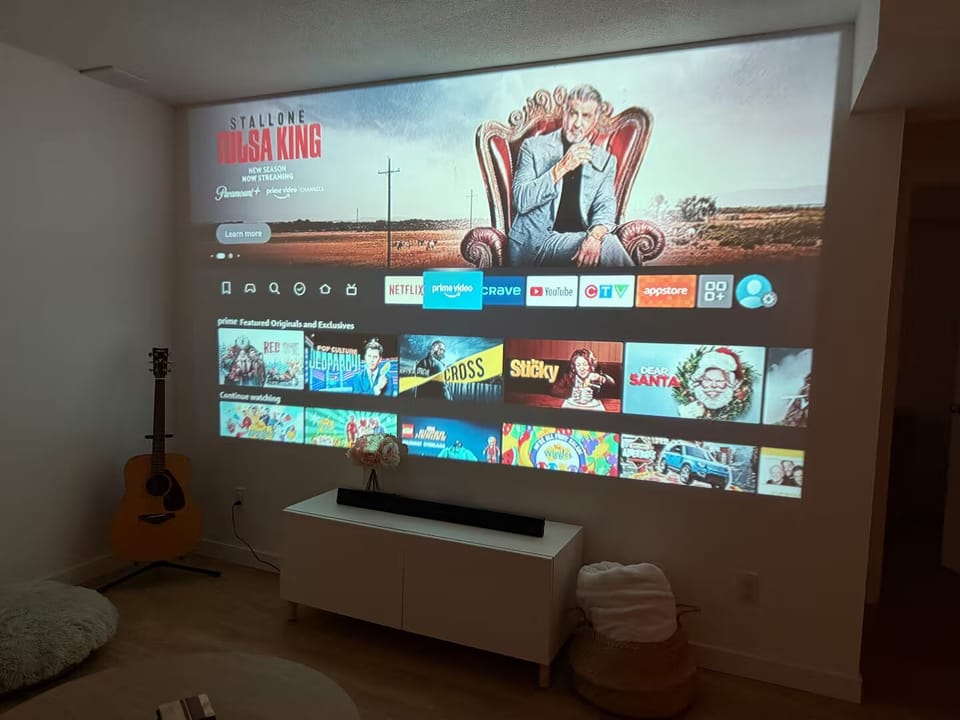 100" projector TV in the living room. Available with Netflix, Disney+ etc.