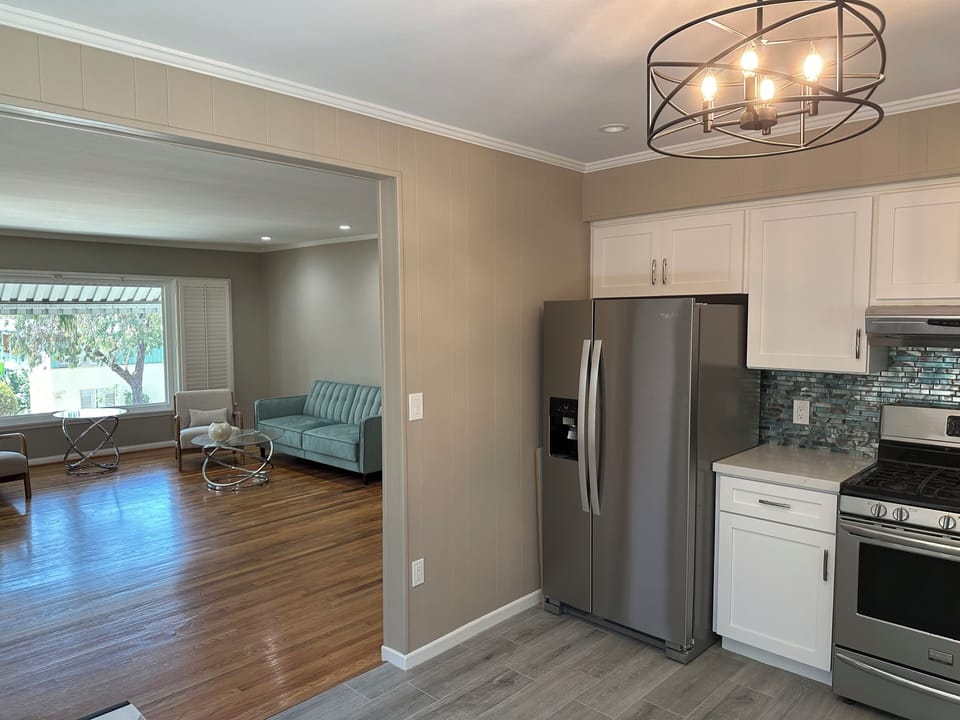 Kitchen connects to living room