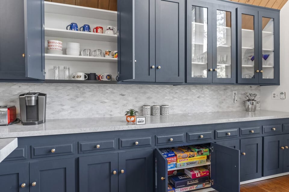 Built-in coffee bar w/ open shelving & counter space for easy morning routines