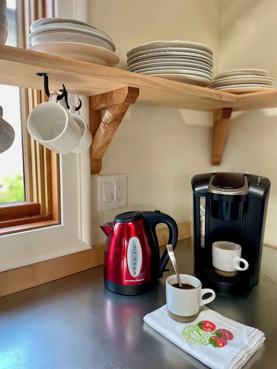 Easy to make coffee or tea at home or try one of the several nearby shops. 