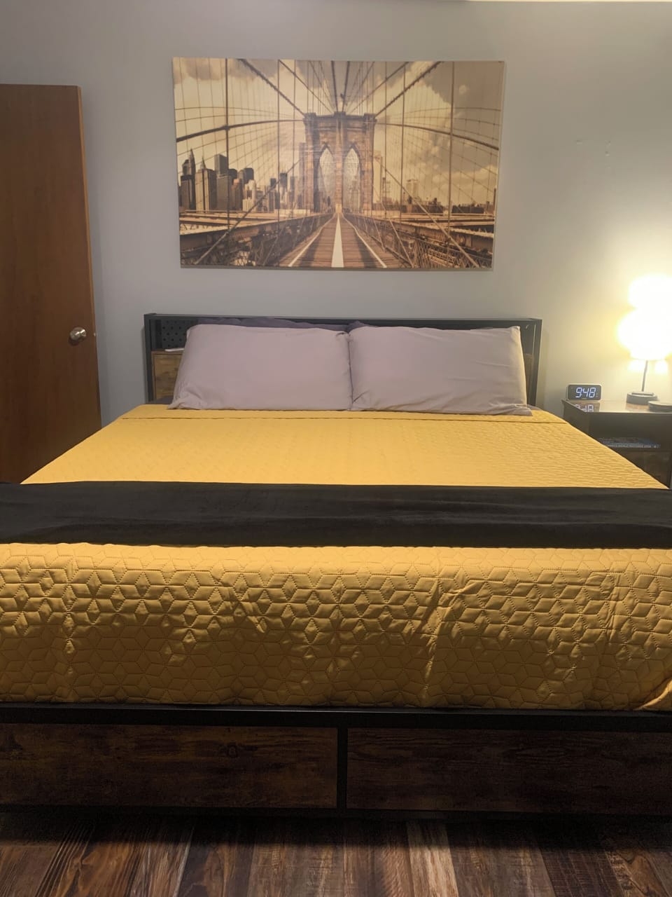 King size bed, end table and lamp with built in usb ports, smart tv, desk