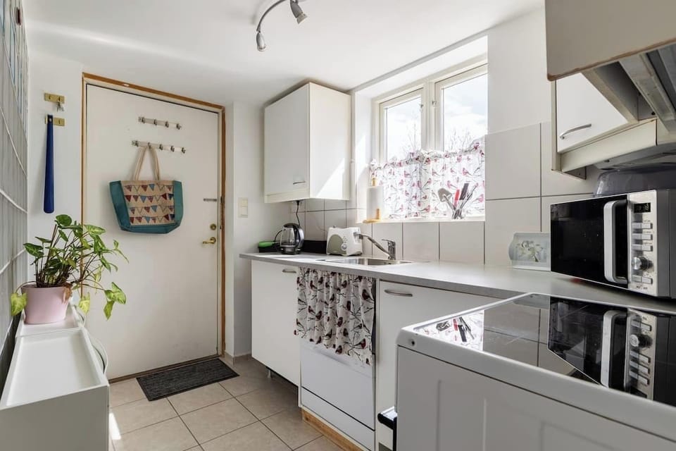 Kitchen with dishwasher fridge, microwave.