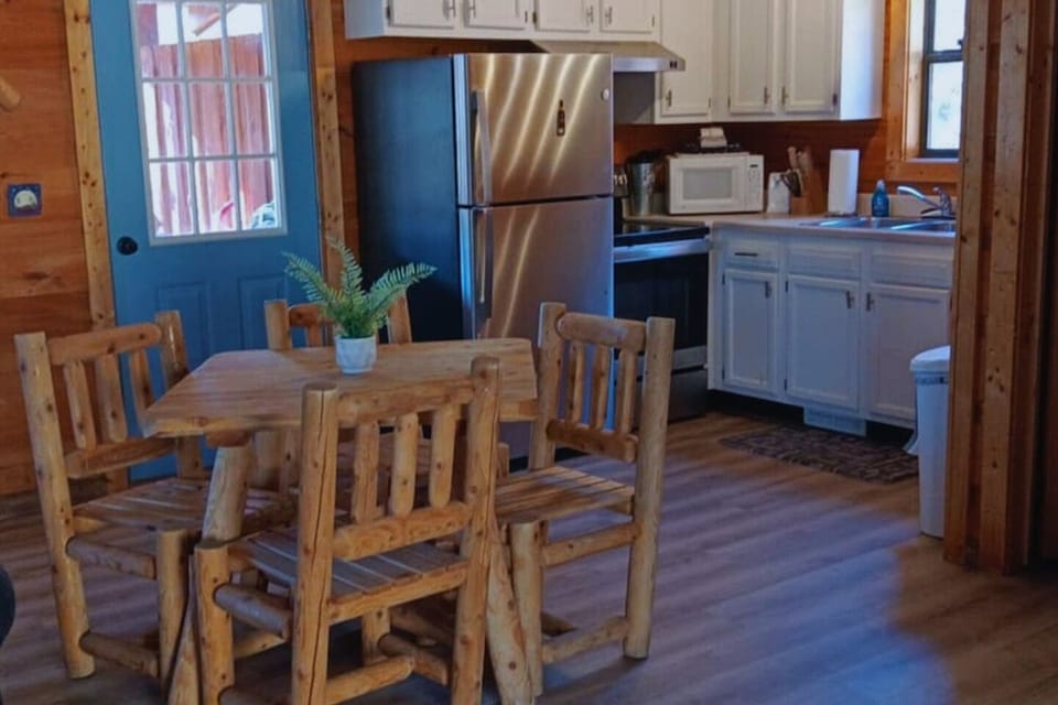 Gather around the wooden table and enjoy delicious meals.