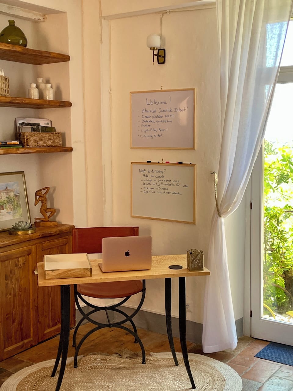 Dedicated workspace with printer, chargers, even whiteboards!