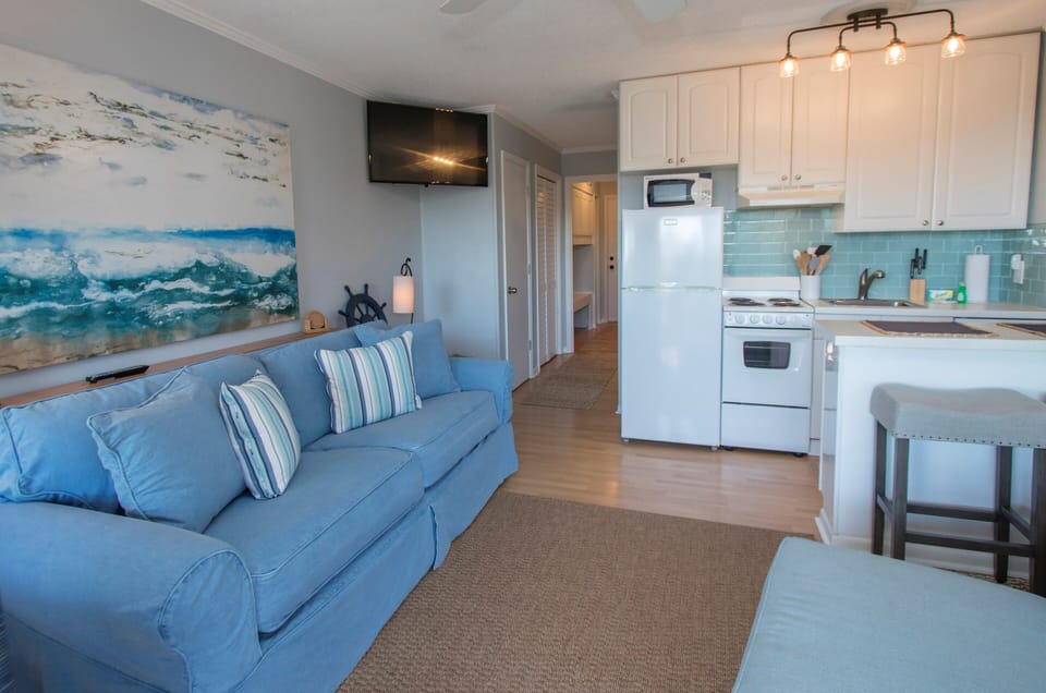 Living Room has a queen sleeper sofa, oversized chair, and TV. 