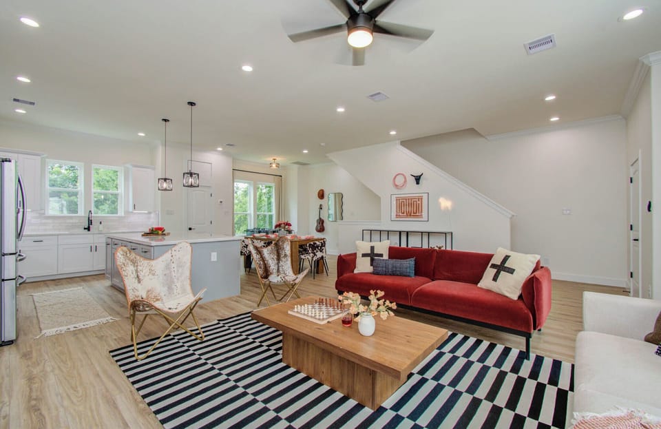 Plush couches and ceiling fan for the living room