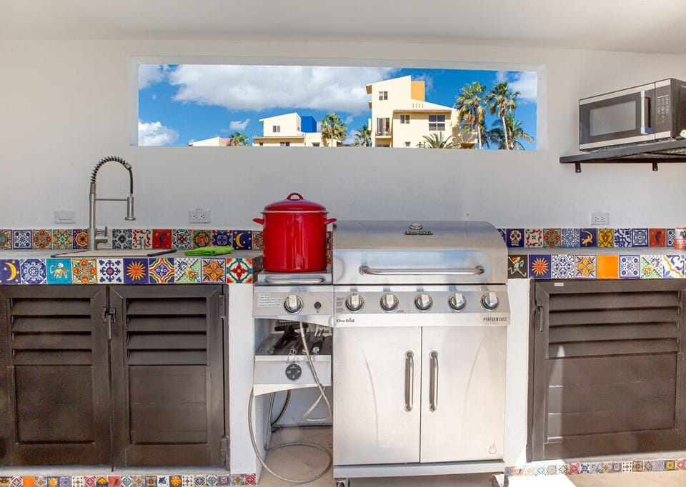rooftop kitchen, BBQ with side burner, mini refridgerator, and small microwave
