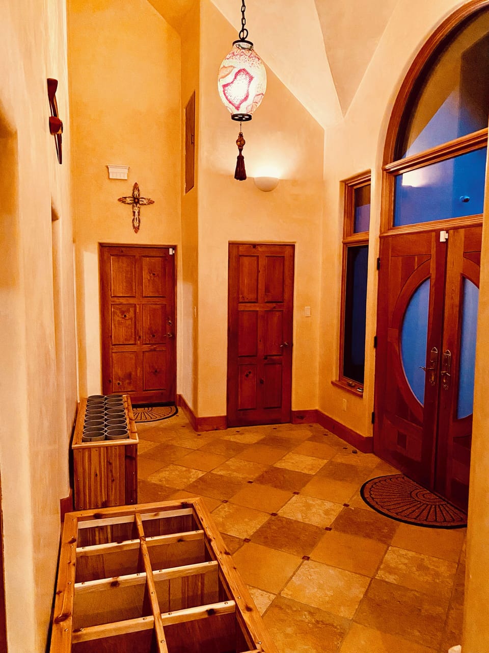Entryway in the evening with gear storage