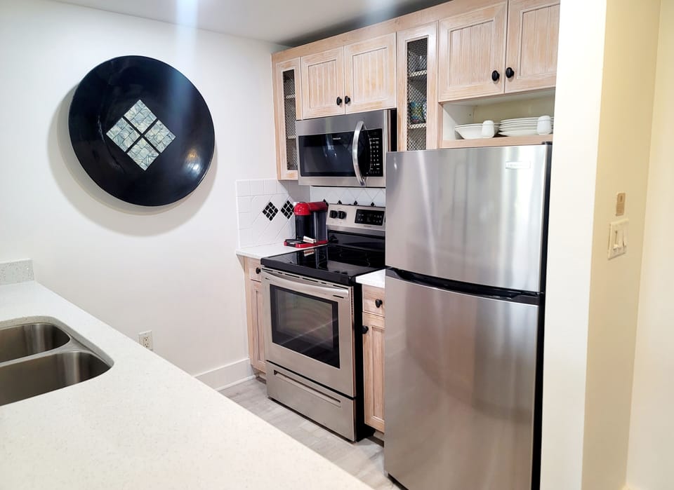 Fully-equipped kitchen with stove, microwave, refrigerator, and dishwasher