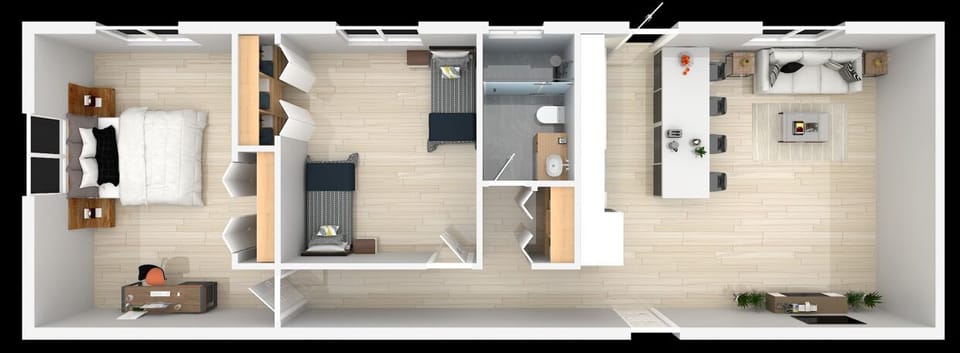 Cocoa Beach Floor Plan | 3-Bedroom Coastal Layout with Island Kitchen, Workspaces & Open Living Flow