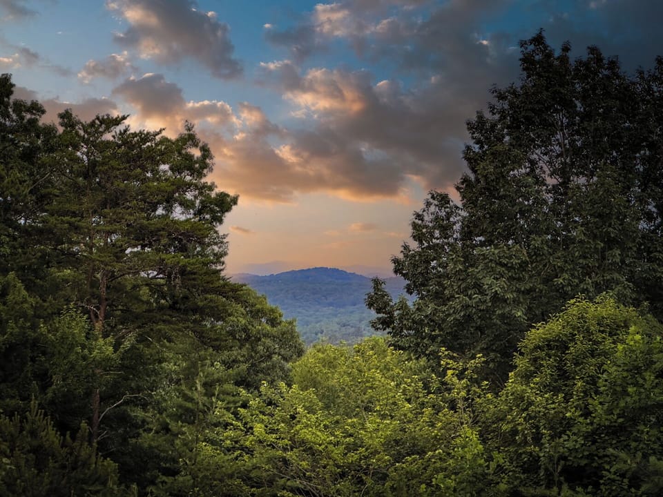 Mountain sunset view through the trees with dramatic clouds over a distant ridge.