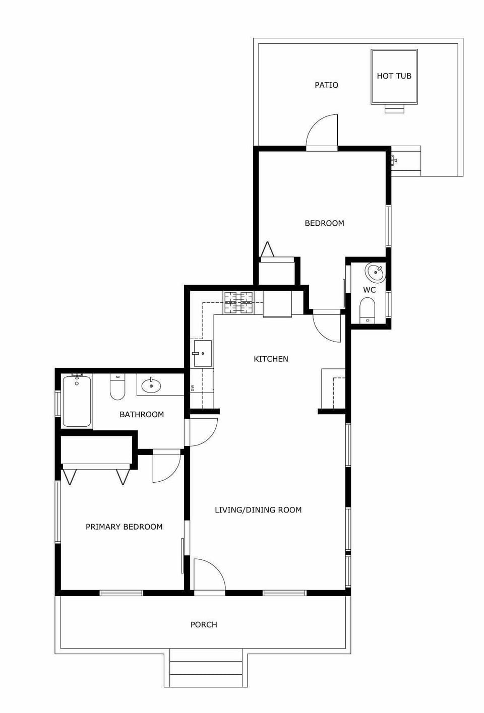 This floor plan shows a two-bedroom layout with a patio, hot tub, and welcoming front porch—perfect for your getaway.