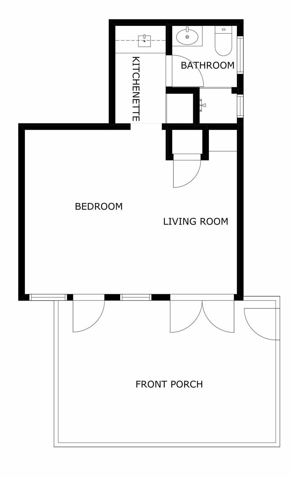 This floor plan shows a spacious layout with a combined bedroom and living room, a kitchenette, full bathroom, and inviting front porch for your morning coffee.