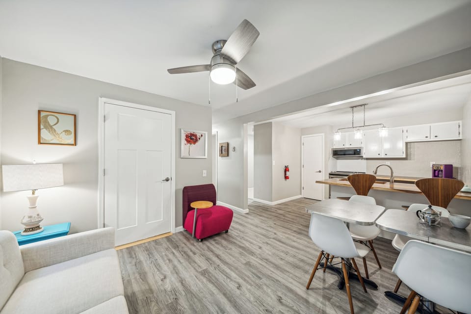 The common area and kitchen flow together. 