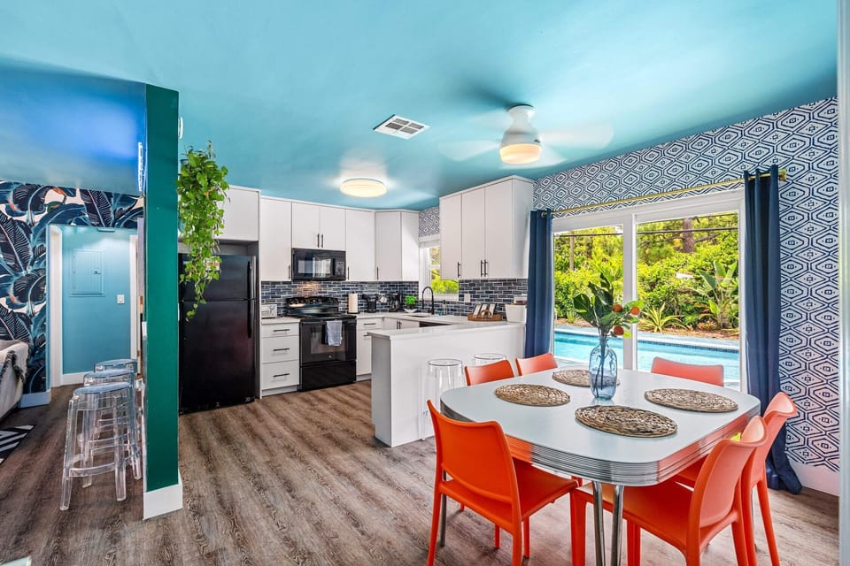 Our dining area has a view of the pool.