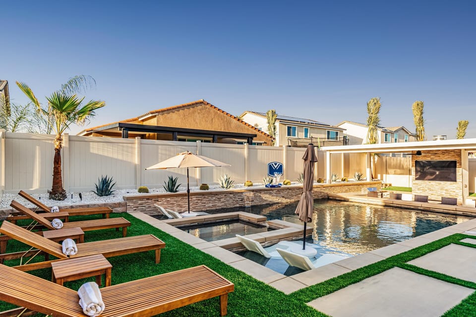 Beautiful Green Landscape, Chaise Lounge Chairs, Concrete Squres