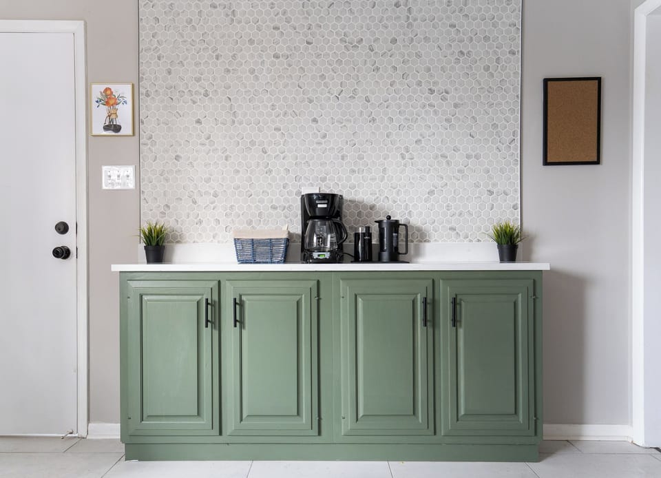 Coffee bar w/ drip, French press, local coffee beans and grinder