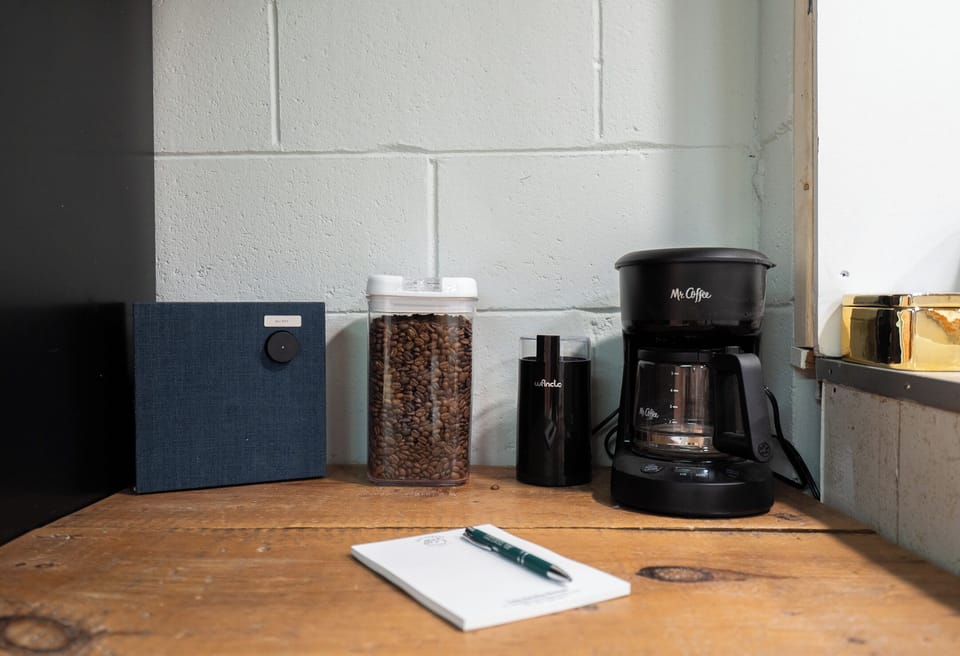 Coffee setup in main basement, kitchen. Drip, french press, grinder & essentials