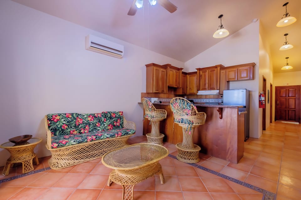 The living room with cable TV and breakfast bar. 2B
