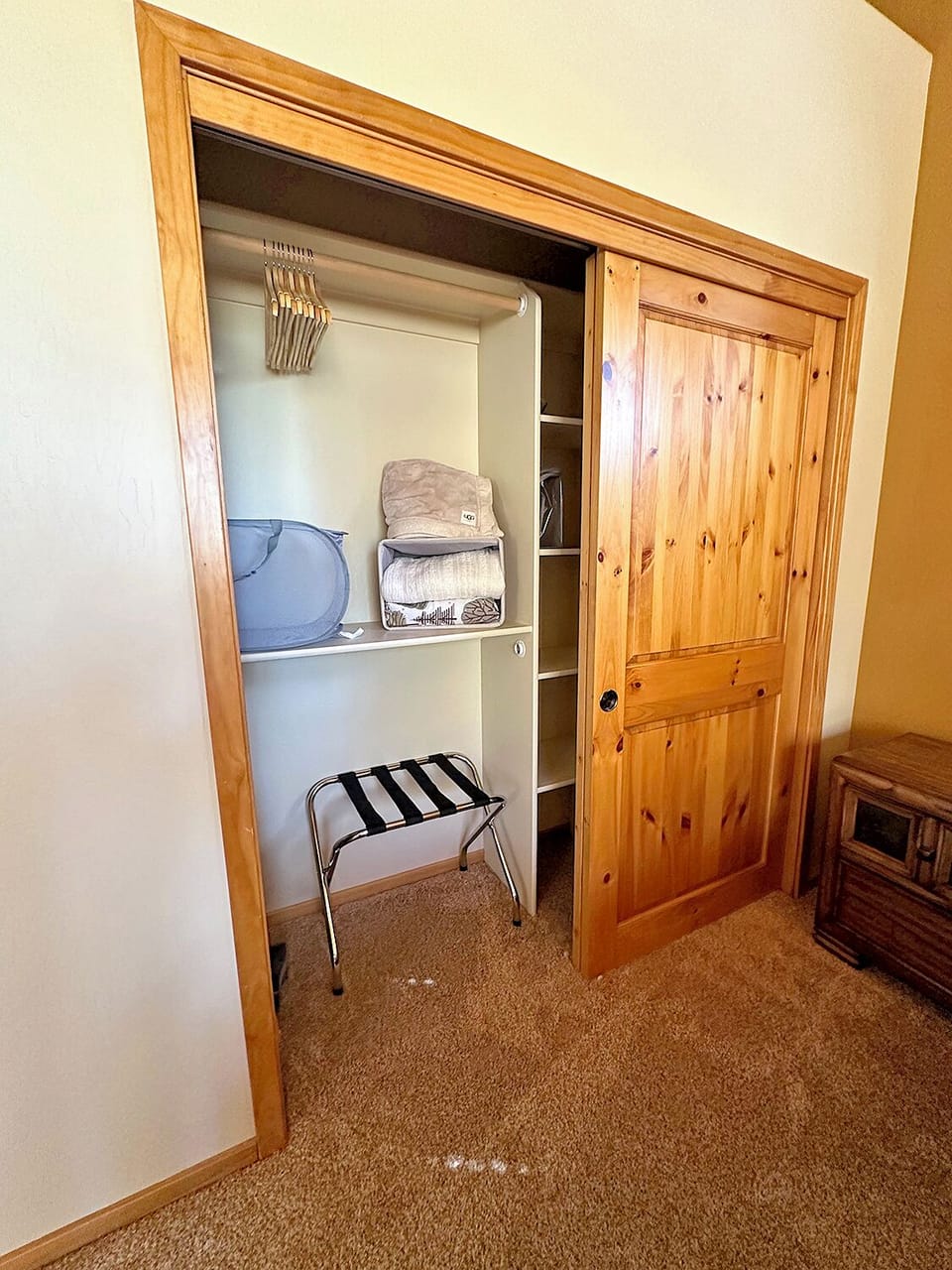 secondary bedroom closet, all closets have luggage holder and laundry basket
