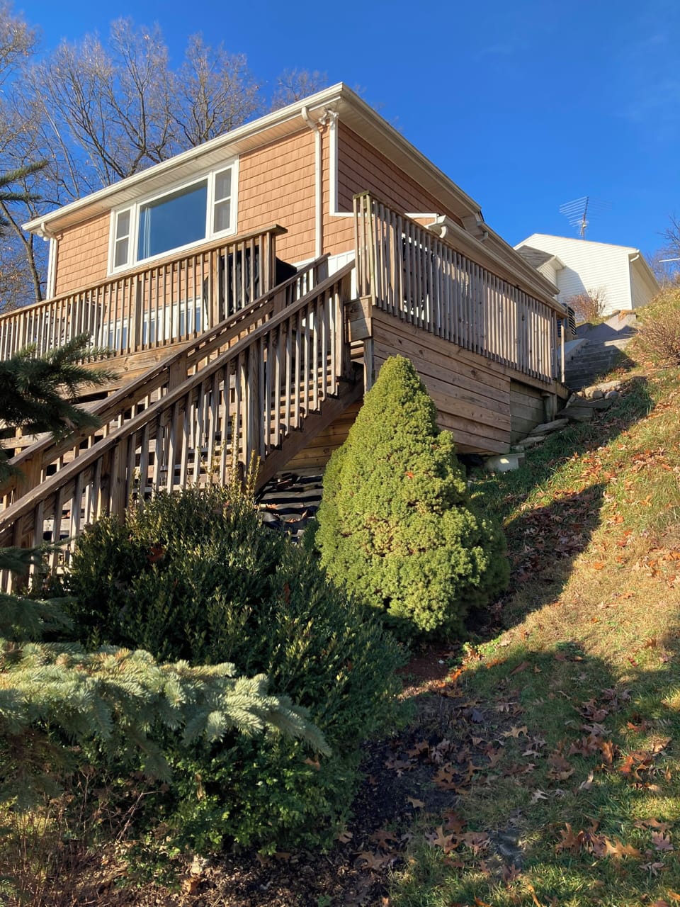 Lakeside deck and stairs down to the lake level.