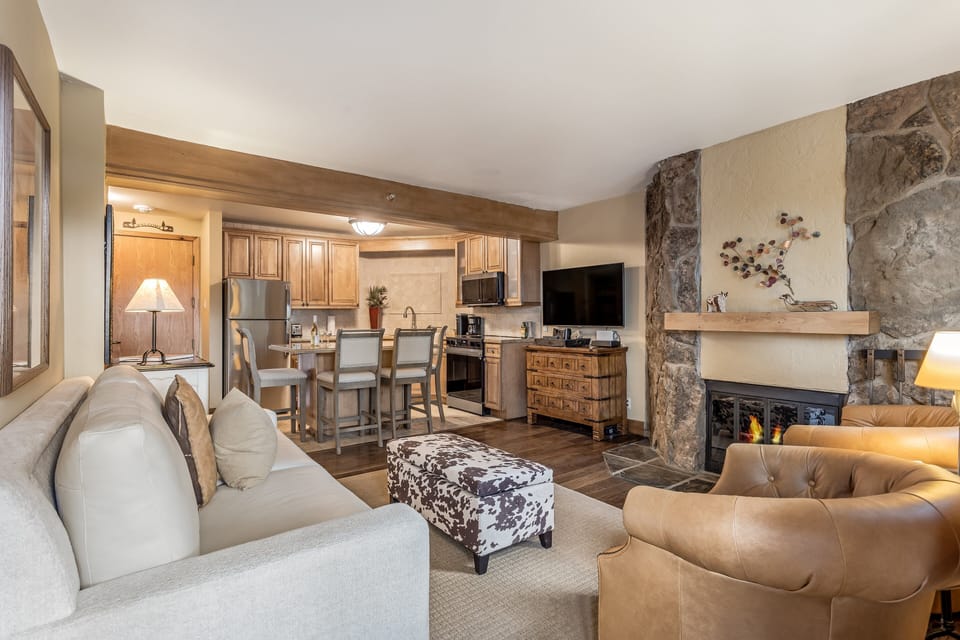 Living room with wood-burning fireplace