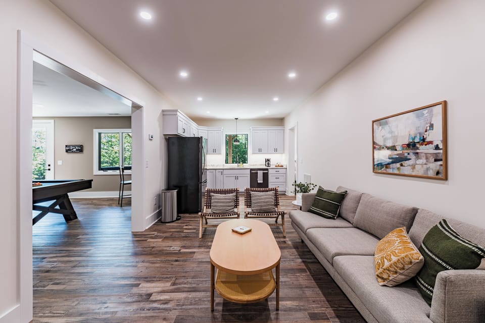 There is also a kitchen in the lower-level family room. It has another coffee maker, dishes for 8, and plastic cups to take to the hot tub or backyard.