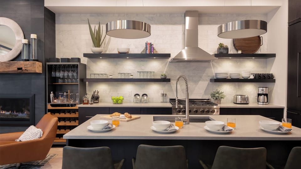 Kitchen, Main Level - Island with seating and open shelving