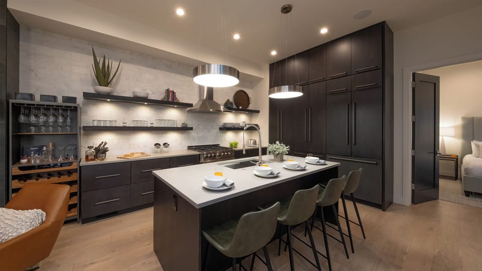 Kitchen, Main Level - Island with bar seating and pendant lighting
