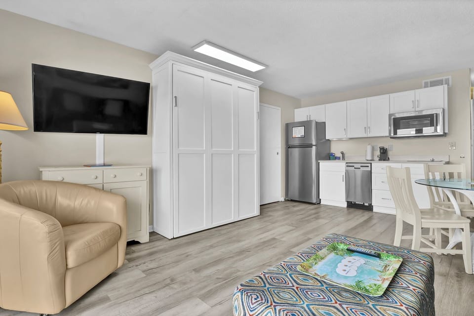 Your bright, efficient studio blends comfort with convenience—plush seating, full kitchen, and thoughtful storage maximize every square foot.