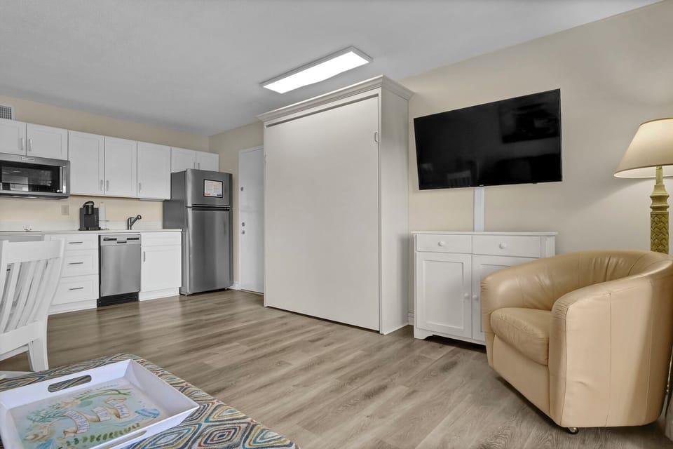 Relax in your modern studio with a comfortable leather chair, flat-screen TV, and fully equipped kitchen featuring stainless steel appliances and ample storage.