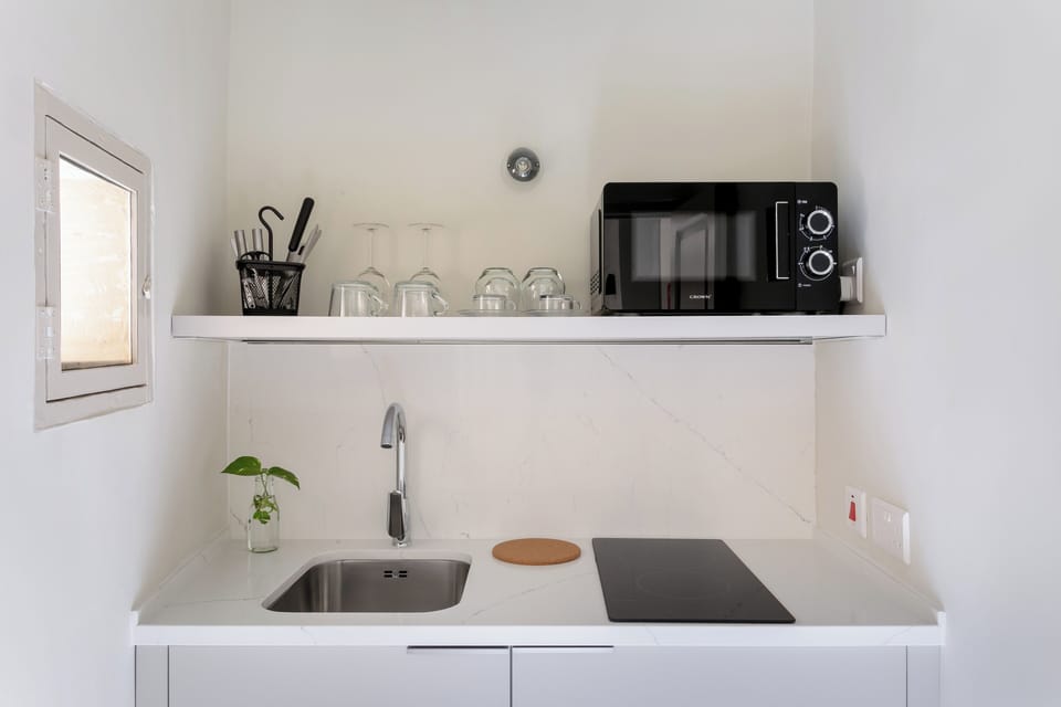 Kitchenette with built-in fridge, sink, electric stove, microwave