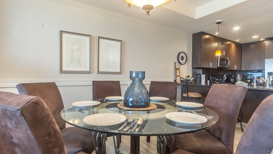 The dining table seats six