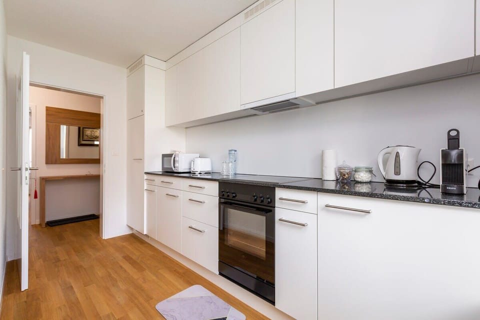 Bright and spacious kitchen, fully equipped with V-Zug kitchen appliances - electric stove, oven, refrigerator, dishwasher and a washing machine/dryer from Electrolux.