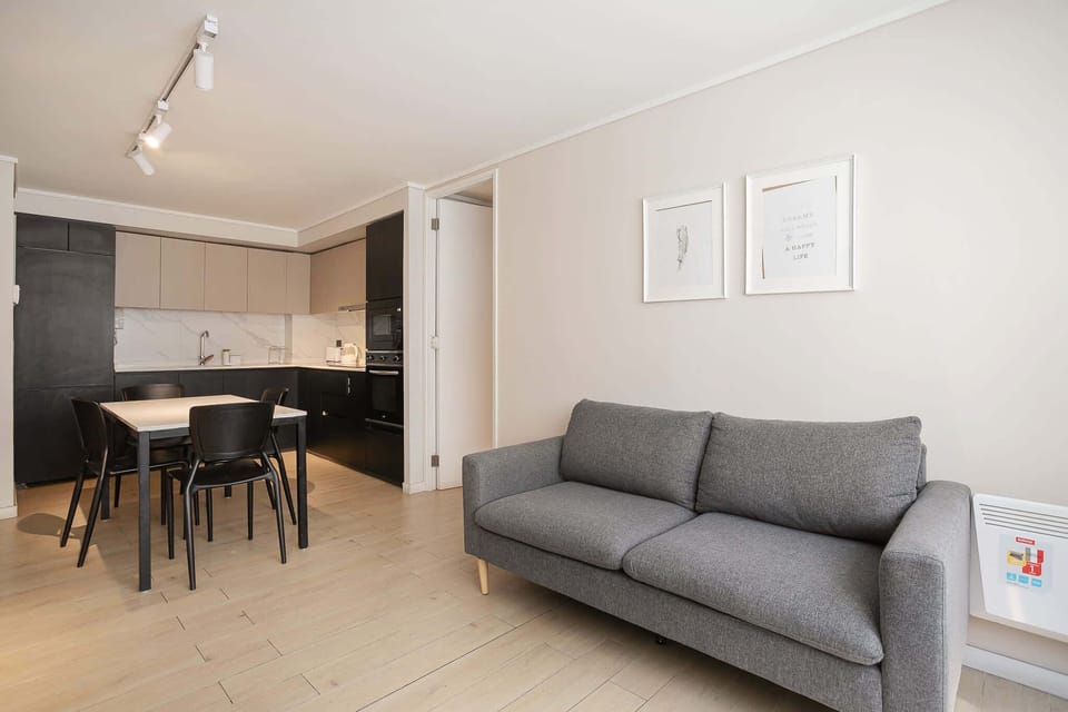 Enjoy a cozy and modern living space with a sleek kitchen and comfortable seating in this stylish apartment.