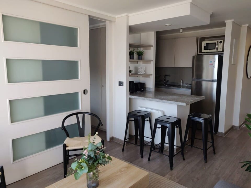 Modern kitchen with breakfast bar and sleek appliances, perfect for cozy meals in your Chilean studio.