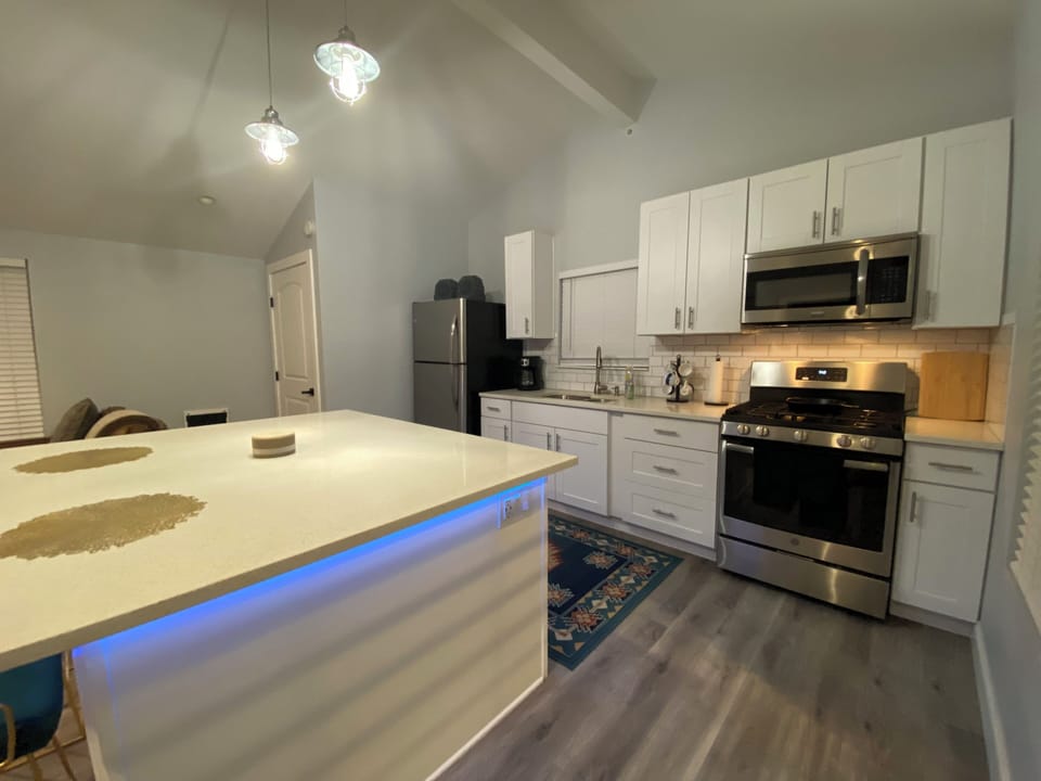 Gas range, DW, coffee press & maker, toaster, pots & pans, dishes & silverware