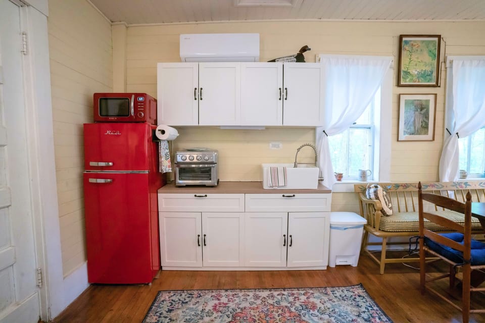 Kitchenette with microwave, toaster oven, sink and fridge.