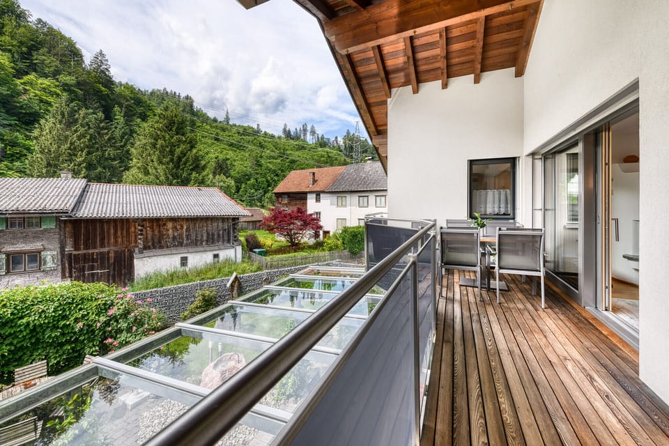 Balcony of the Deluxe Alpine Holiday Apartment in Bürs in the Brandnertal valley.