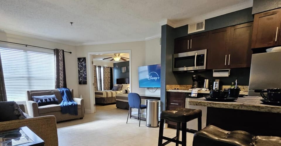 Cozy sofa bed and a new smart TV with all your favorite streaming apps.